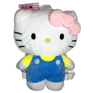 HELLO KITTY 14" Plush Backpack with Zipper, Blue Overalls & Pink Bow